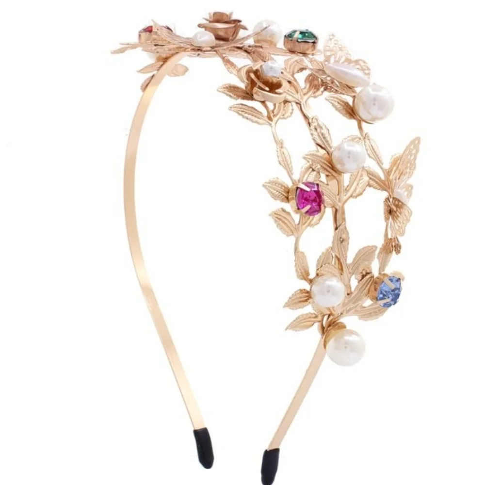 Goldtone Rhinestones faux pearls roses and butterflies headband NWT wedding prom